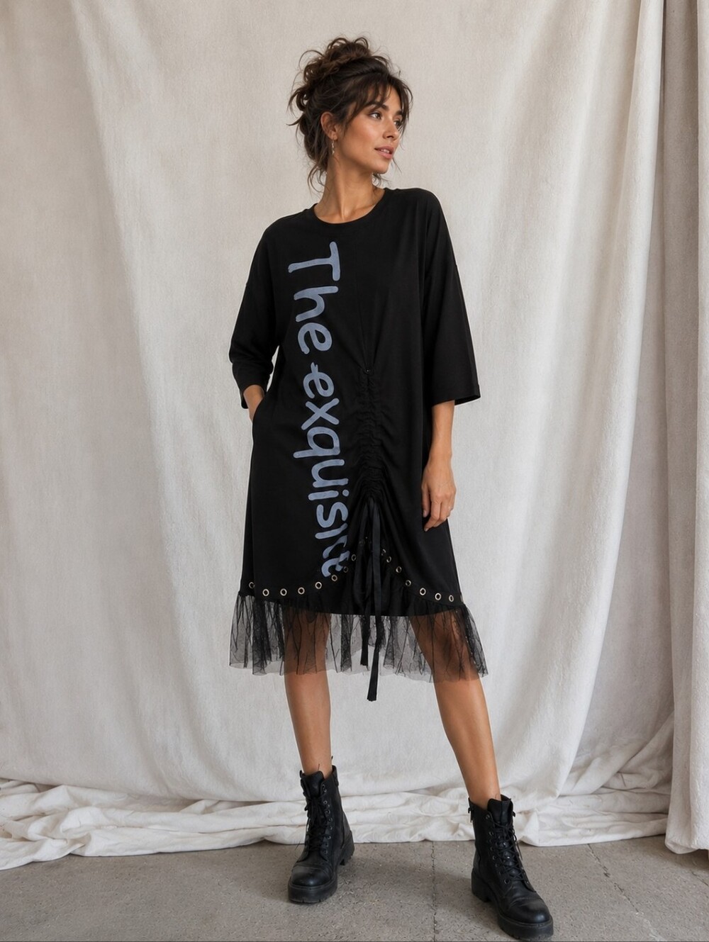 New Style Black Graphic Ruched Tulle Hem Dress – Edgy Avant-Garde Tunic. Size La
